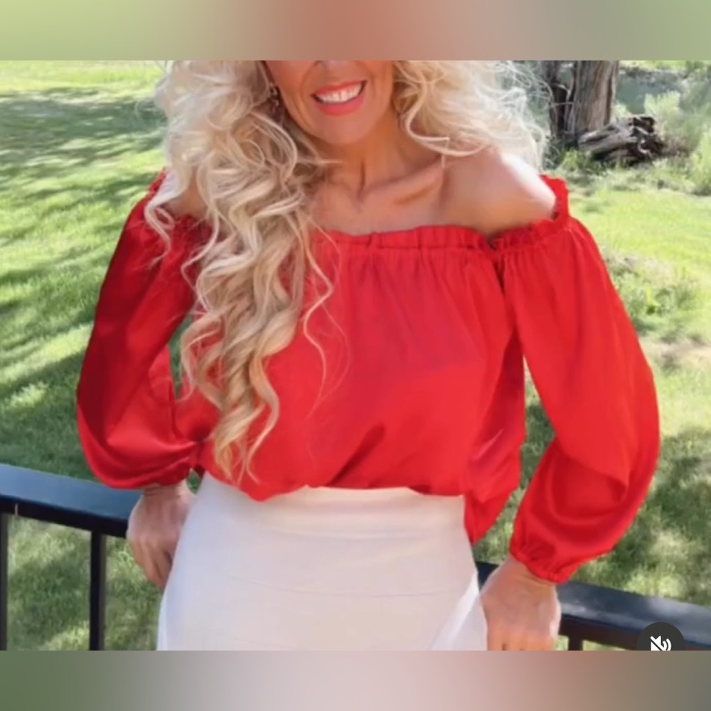 Red Off-Shoulder Satin Top - Picture 3 of 4